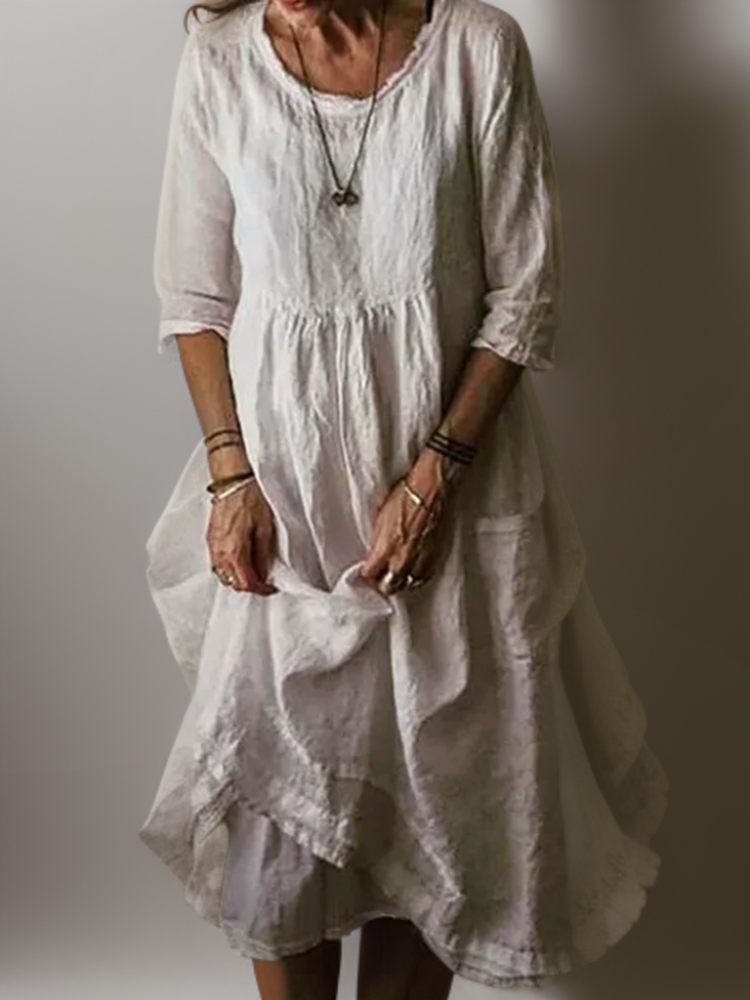 Katie - Summer Pleated Cotton Linen Midi Dress White
