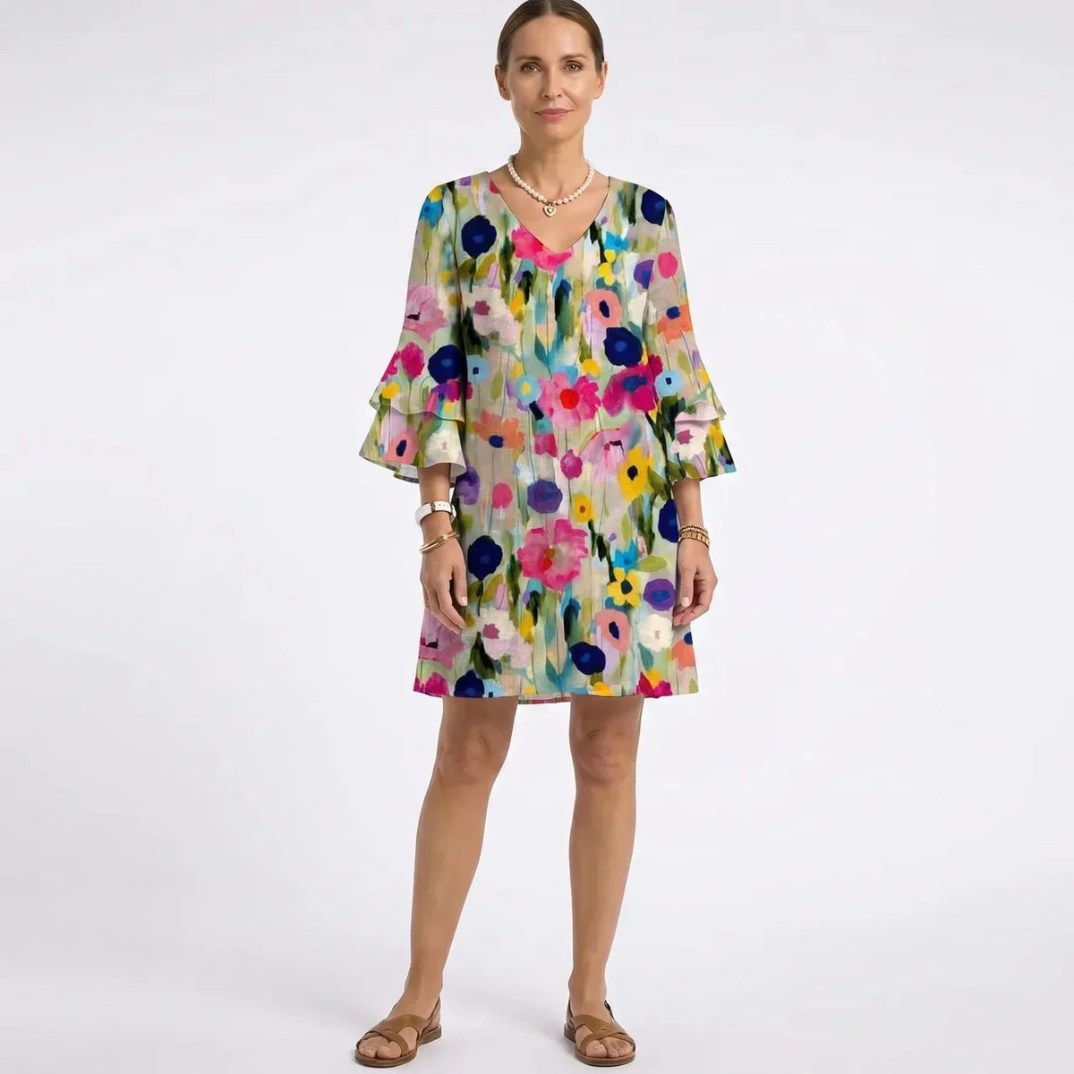 Floral Print V-Neck Ruffle Sleeve Shift Mini Dress
