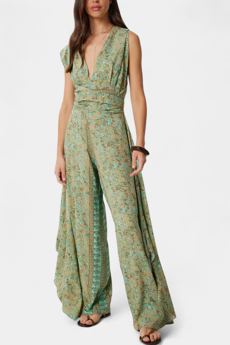 Paisley Print Open Back Tie Wide Leg Jumpsuit
