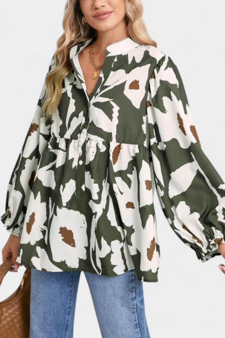 Abstract Floral Notch Neck Puff Sleeve Peplum Blouse
