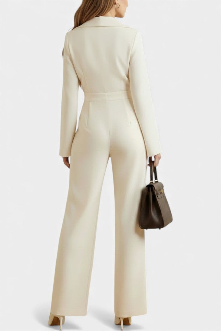 Notch Lapel Wrap Long Sleeve Wide Leg Jumpsuit