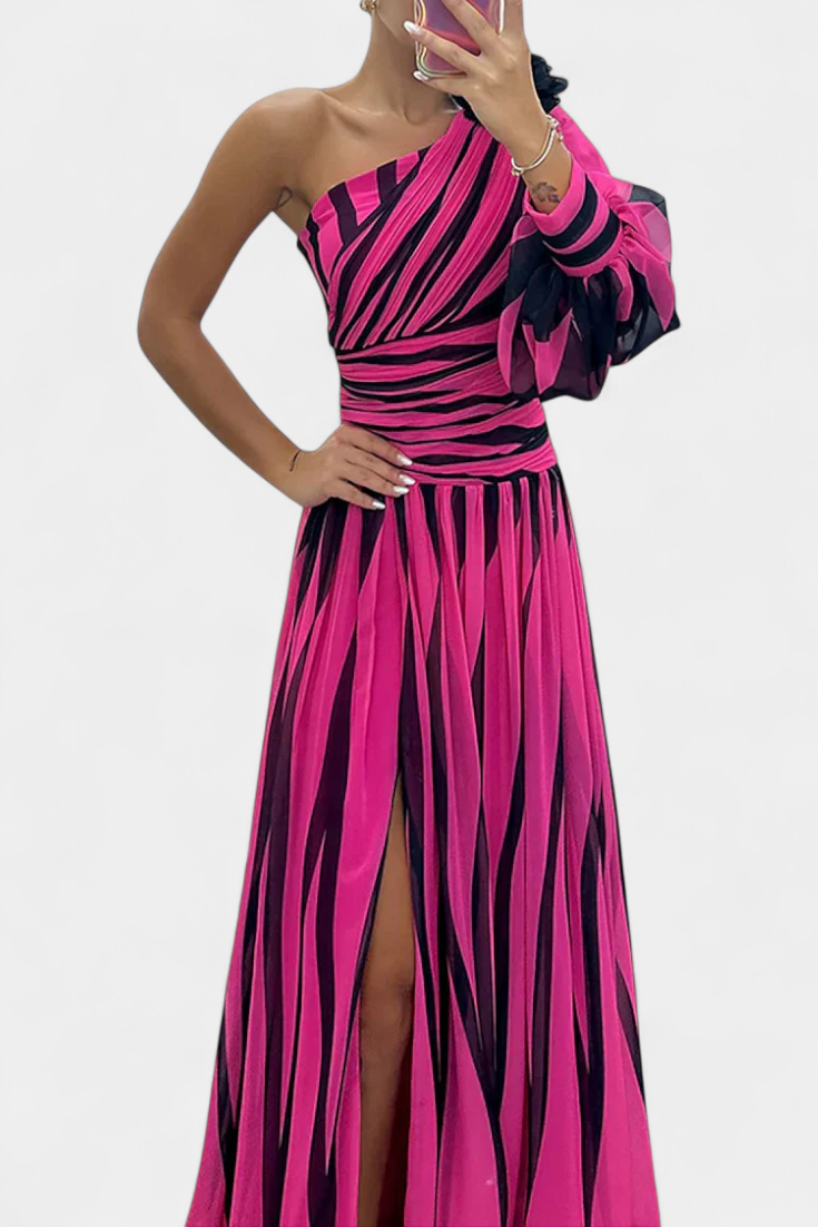 Abstract Print One Shoulder High Split Maxi Gown