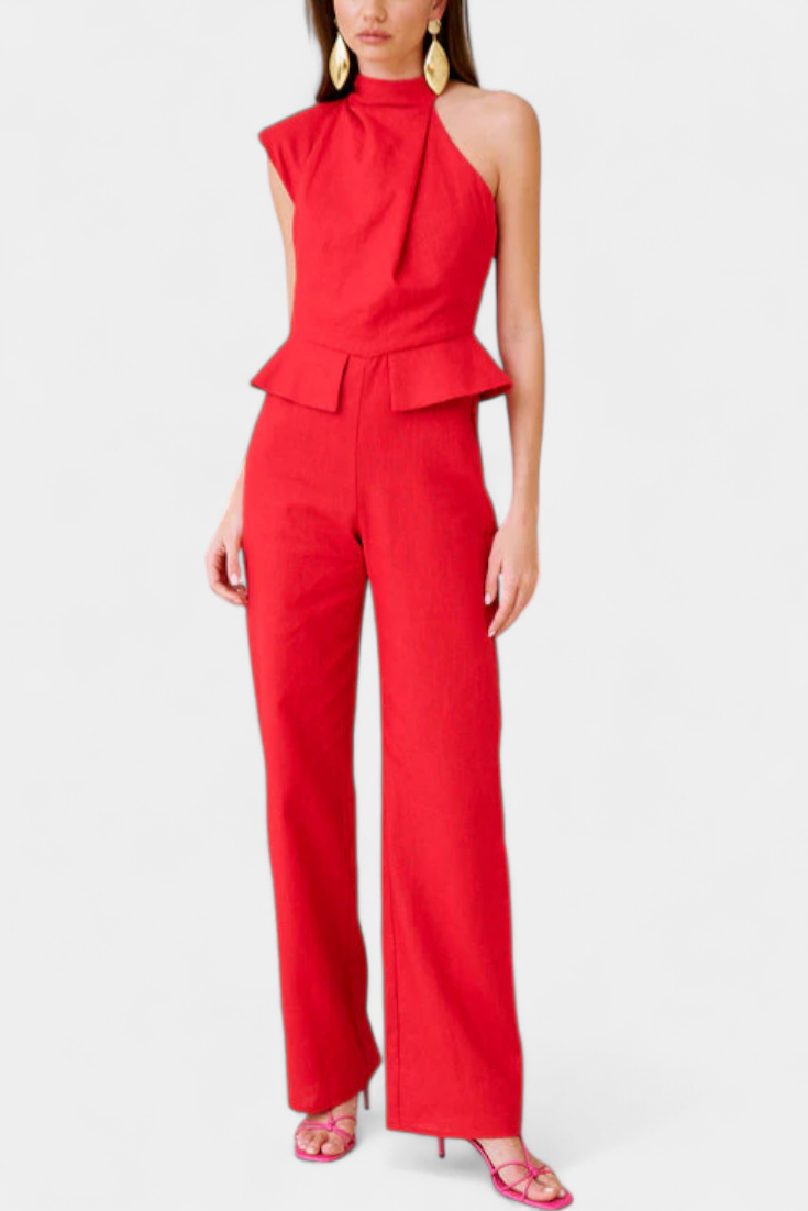 One Shoulder Peplum Waist Straight Leg Jumpsuit