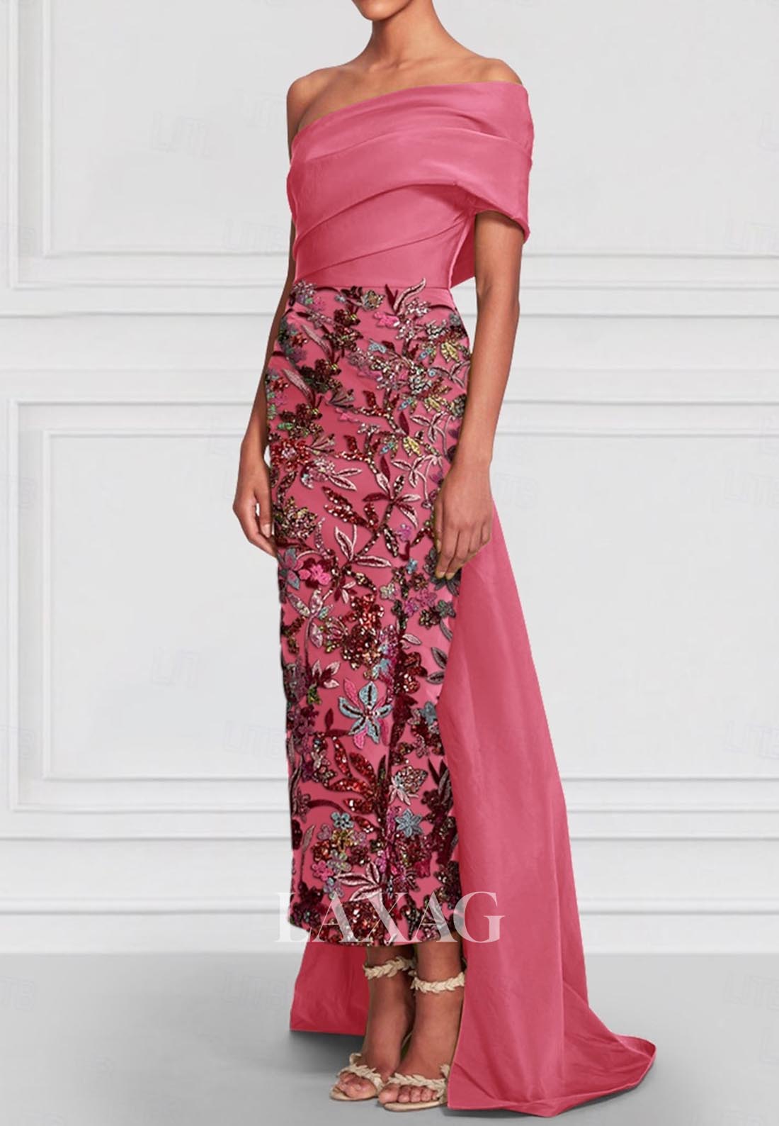 Asymmetrical-Neck Ankle-Length Mermaid Evening Gowns Floral Embroidered Sequined Formal Gowns