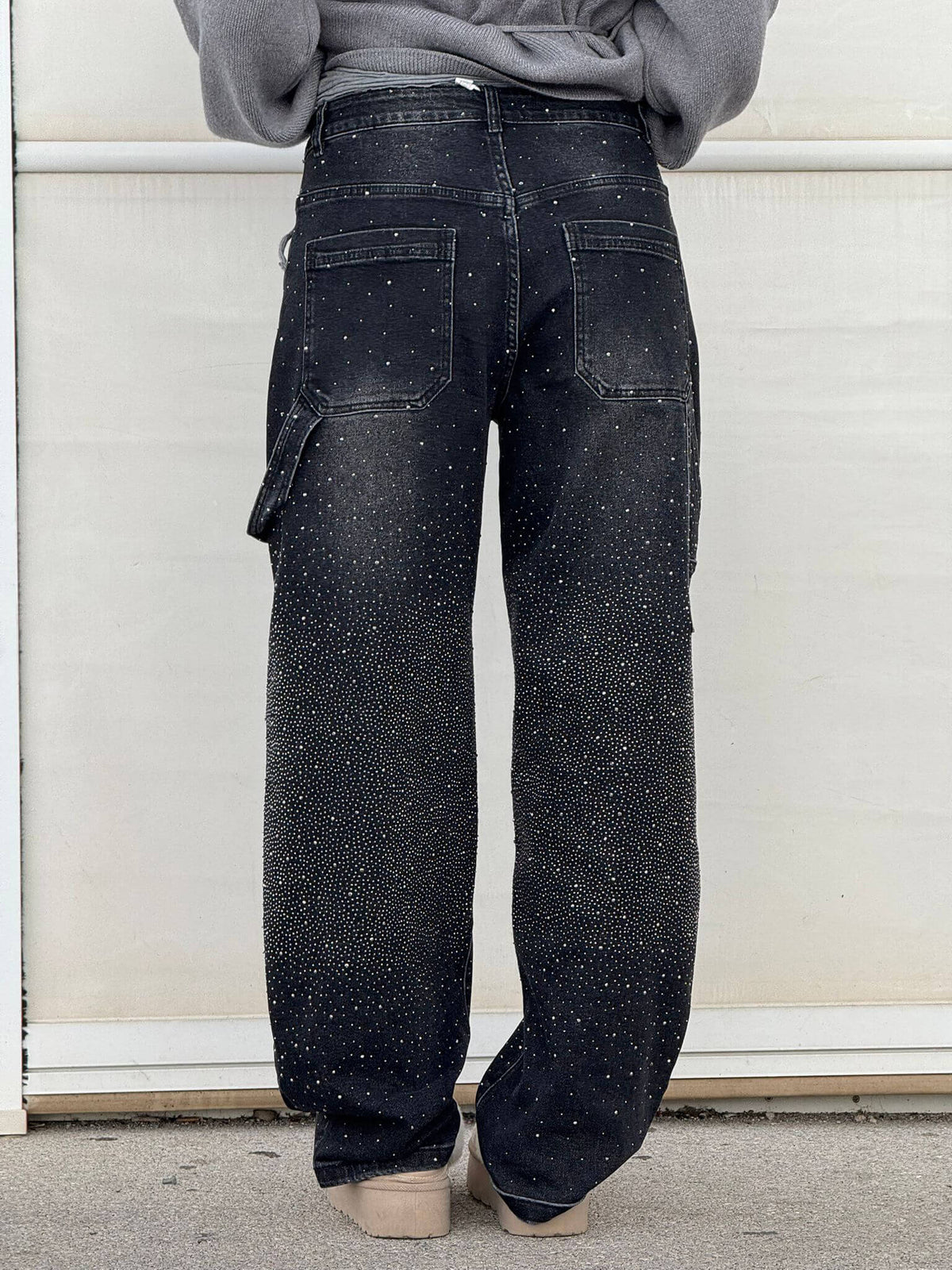 High Waist Rhinestone Embellished Wide Leg Jeans