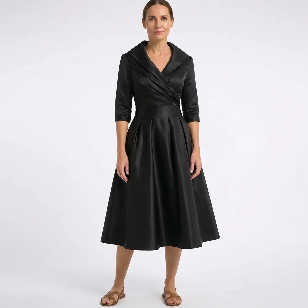 Satin Shawl Collar Wrap Fit and Flare Midi Dress