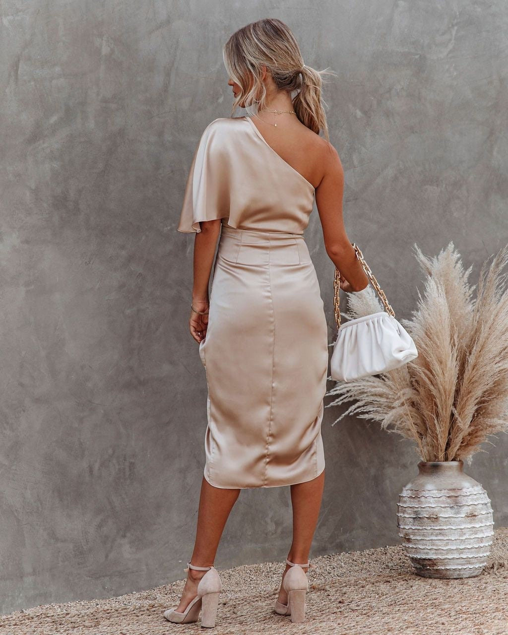 Satin One Shoulder Ruched Pleated Wrap Asymmetric Midi Cocktail Dress