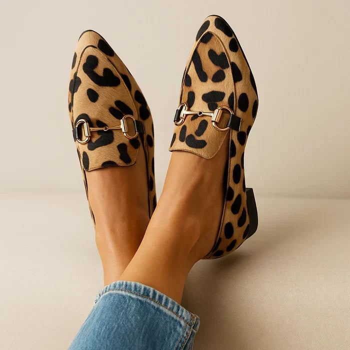 Leopard Print Pointed Toe Horsebit Loafers