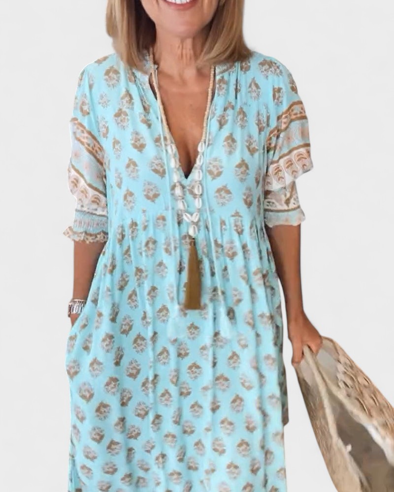 Boho Print V-Neck Ruffle Sleeve Button Front Midi Dress