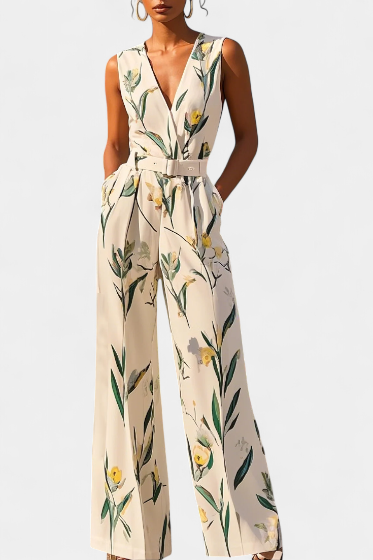 Floral Print V-Neck Sleeveless Belted Wide Leg Jumpsuit