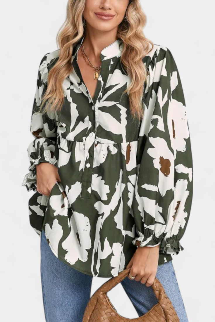 Abstract Floral Notch Neck Puff Sleeve Peplum Blouse