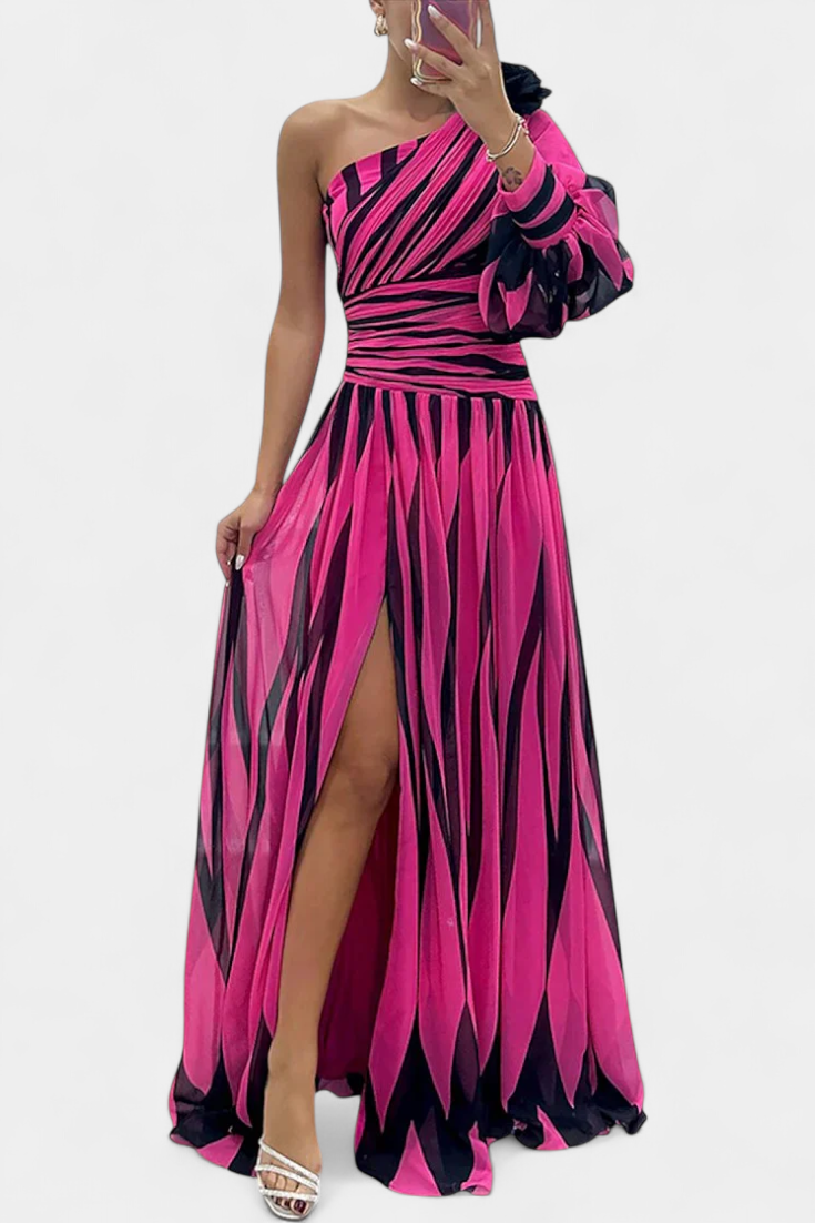 Abstract Print One Shoulder High Split Maxi Gown