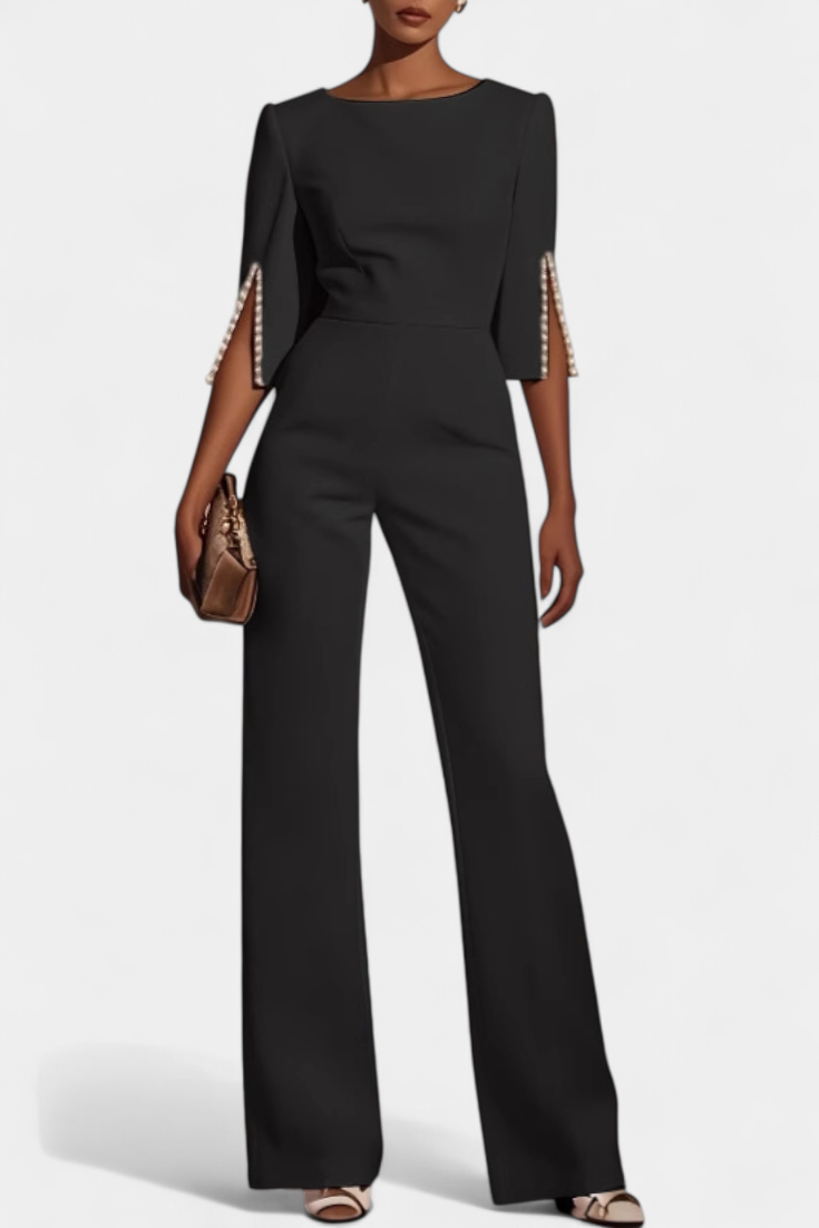 Boat Neck Pearl Trim Split Sleeve Wide Leg Jumpsuit