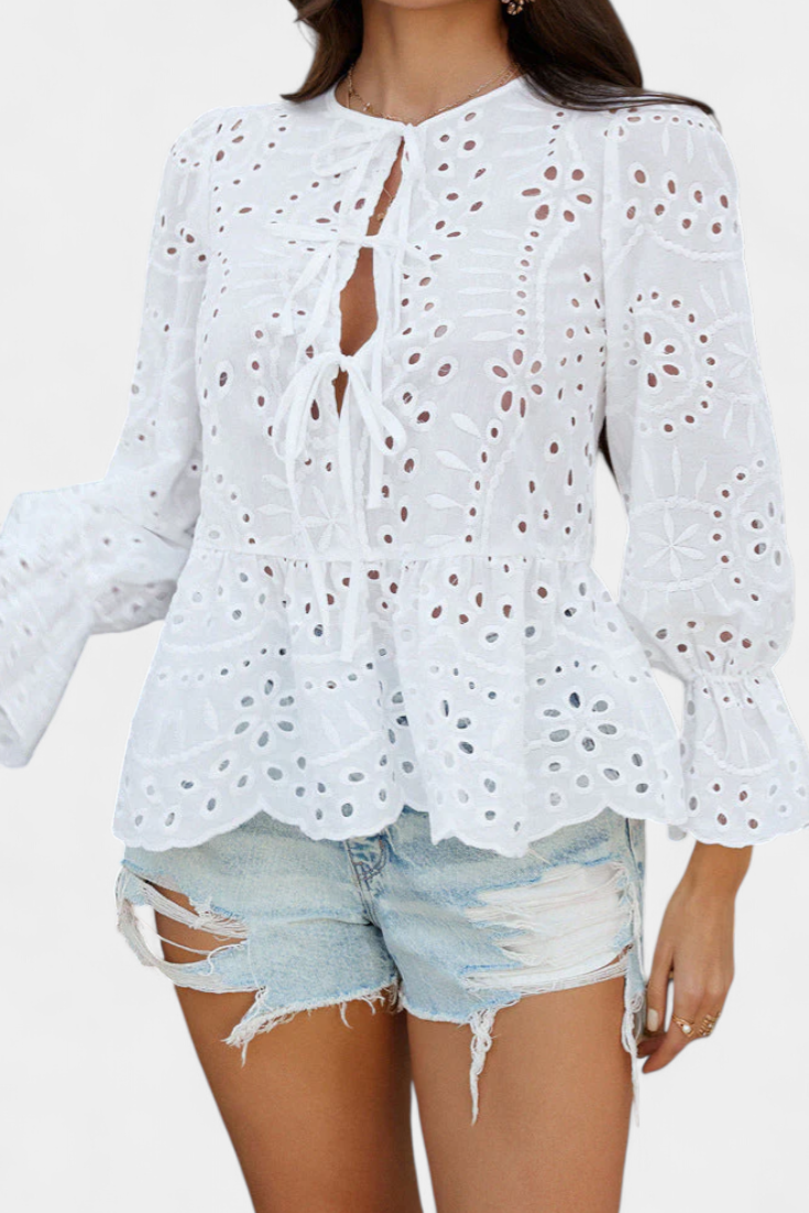 Eyelet Lace Tie Neck Long Sleeve Peplum Blouse