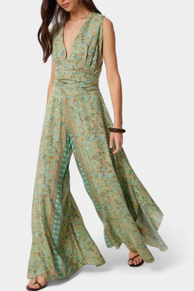Paisley Print Open Back Tie Wide Leg Jumpsuit