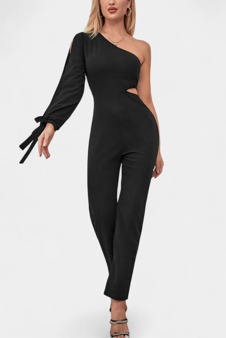 One Shoulder Long Sleeve Cut Out Straight Leg Jumpsuit