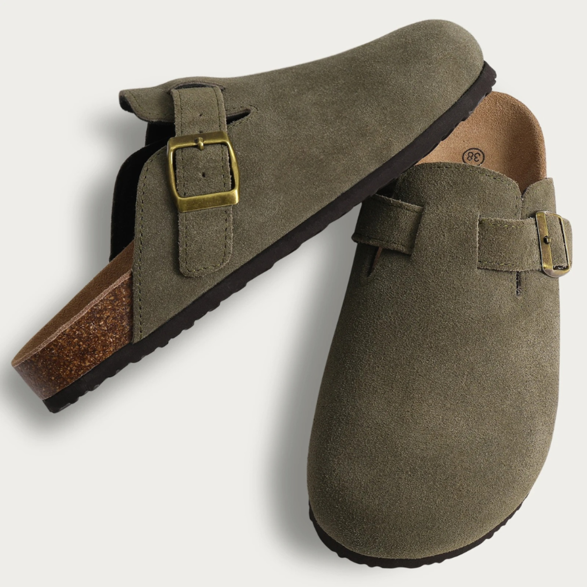 Round Toe Buckle Strap Suede Look Clog Mules