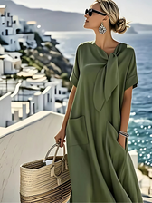 Short Sleeve Bow Front Pocket Midi Dress 4