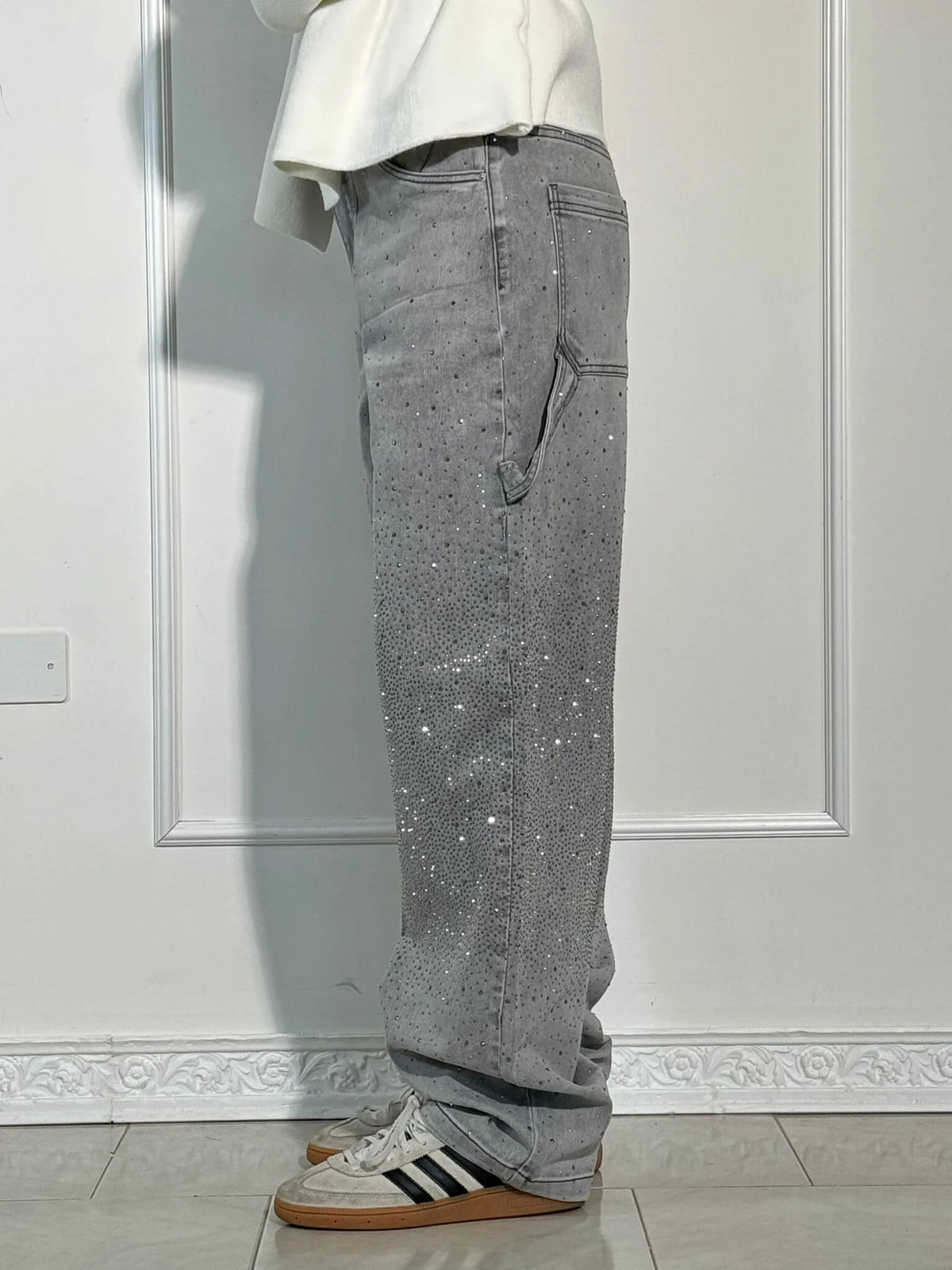 High Waist Rhinestone Embellished Wide Leg Jeans
