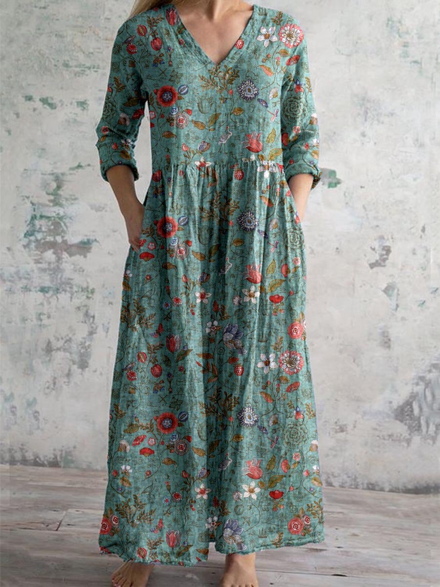 Floral Print V-Neck Long Sleeve Pocket Maxi Dress