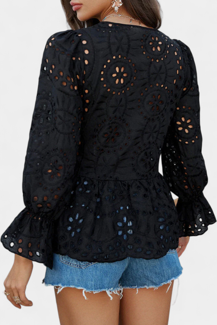 Eyelet Lace Tie Neck Long Sleeve Peplum Blouse