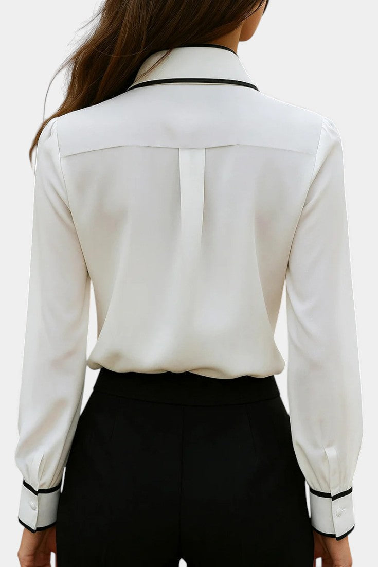 Contrast Trim Knotted Tie Collar Long Sleeve Blouse