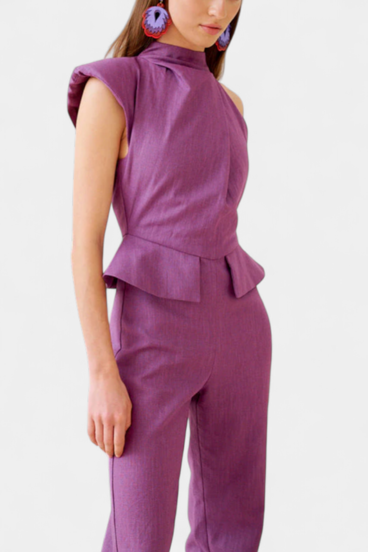 One Shoulder Peplum Waist Straight Leg Jumpsuit