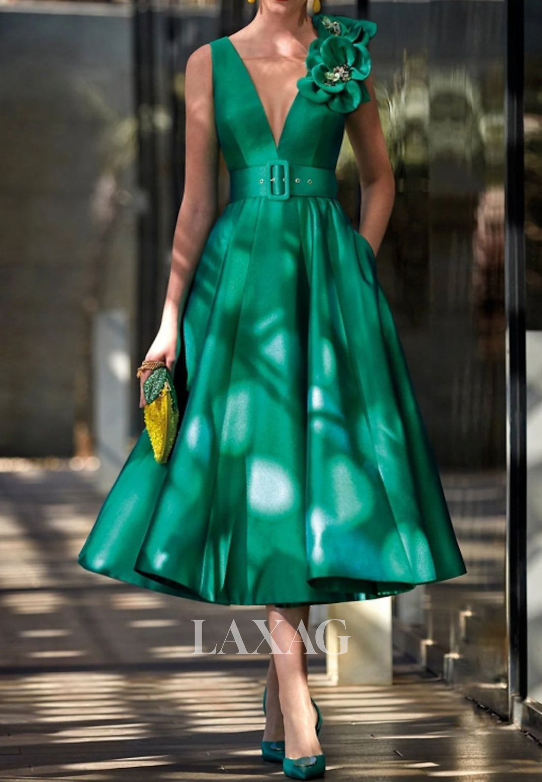 Straps Deep V-Neck Sleeveless Formal Gowns Floral Embossed Pleated Midi A-Line Wedding Guest Dress