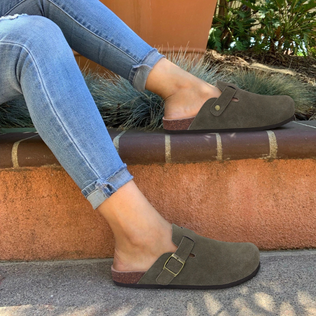 Round Toe Buckle Strap Suede Look Clog Mules