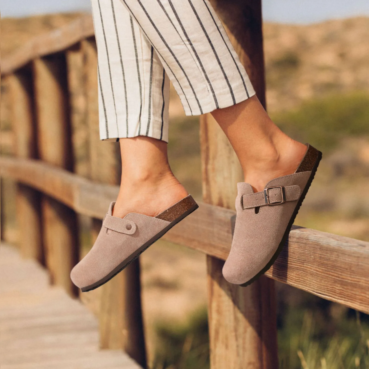 Round Toe Buckle Strap Suede Look Clog Mules
