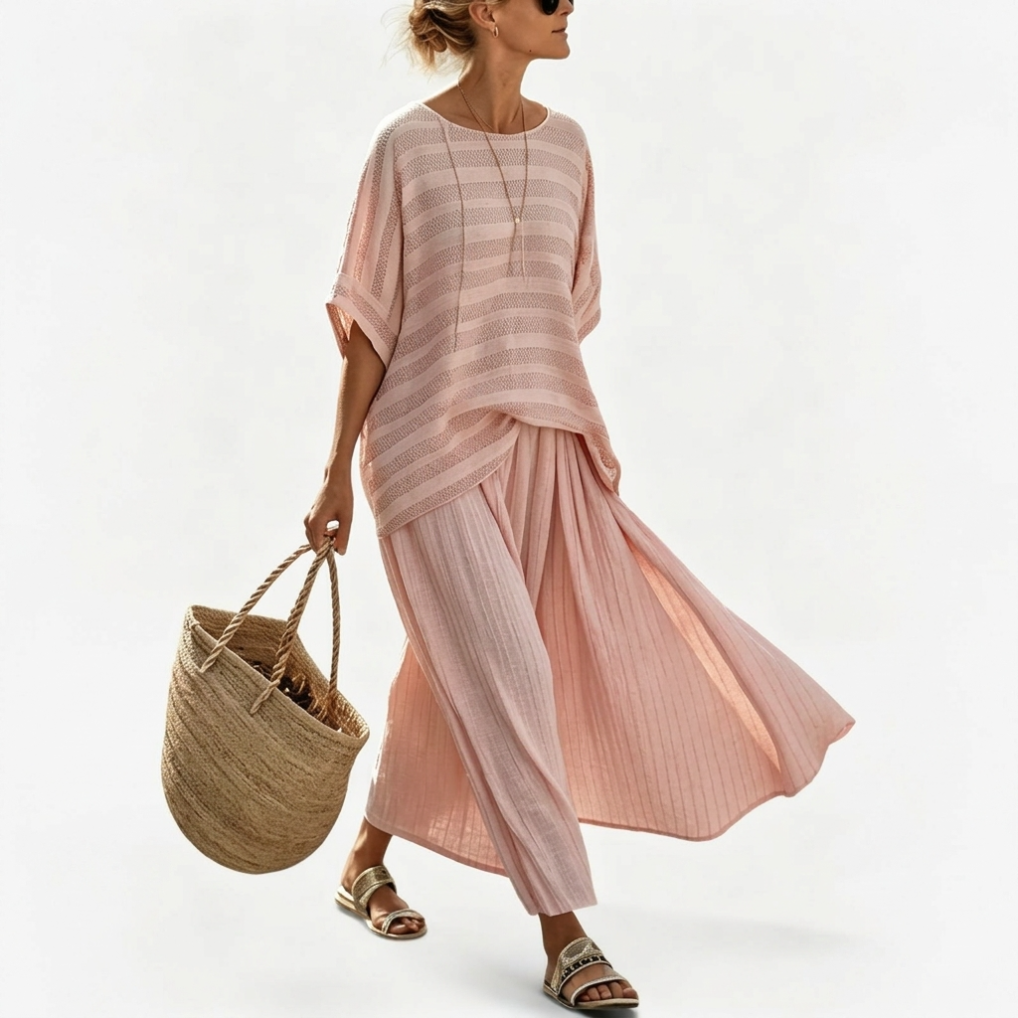 Striped Short Sleeve Top and Wide Leg Pants Two Piece Set