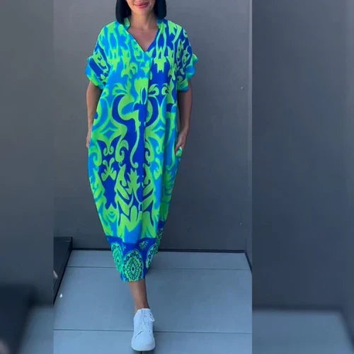 Baroque Print V-Neck Short Sleeve Oversized Midi Dress Summer