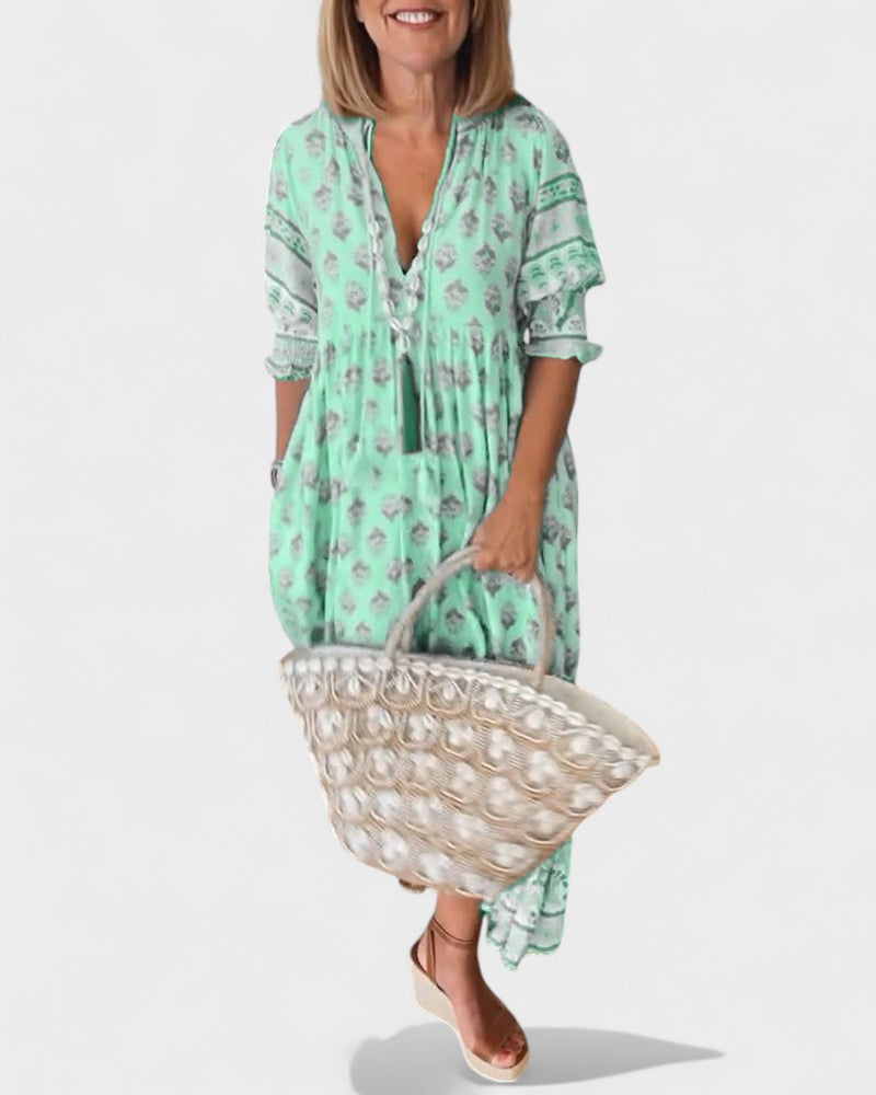 Boho Print V-Neck Ruffle Sleeve Button Front Midi Dress