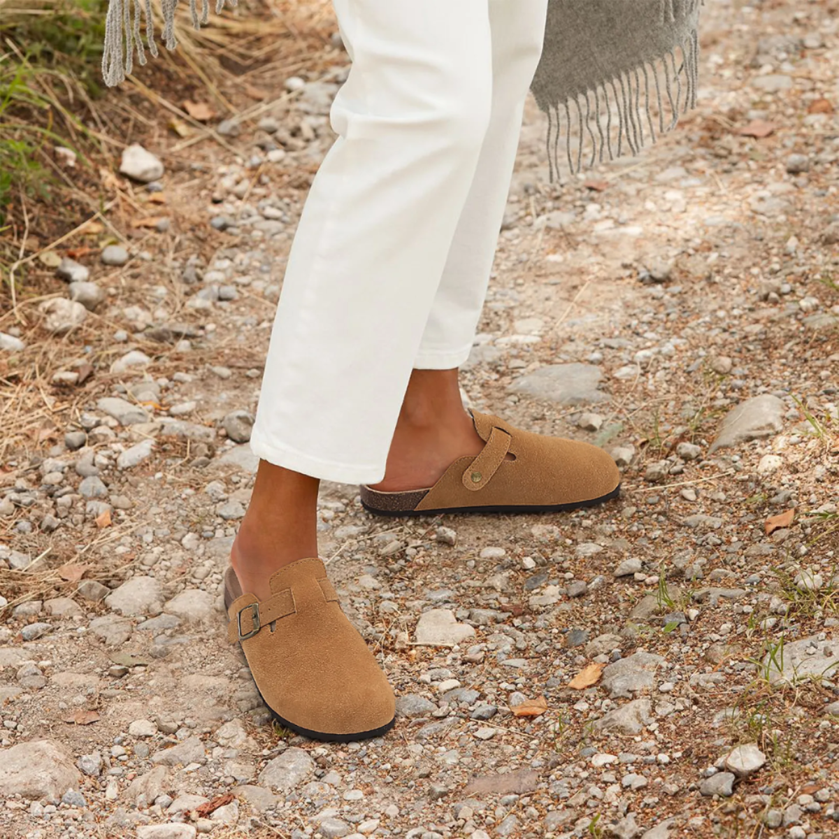 Round Toe Buckle Strap Suede Look Clog Mules