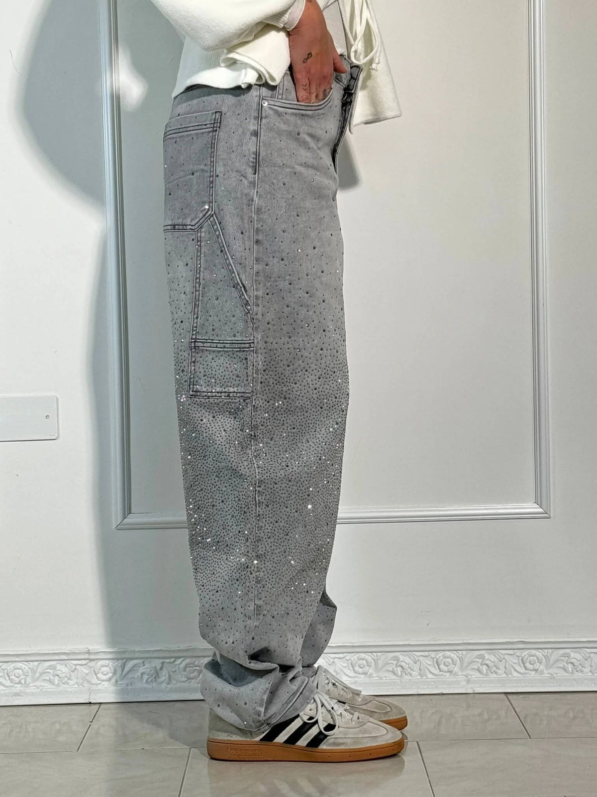 High Waist Rhinestone Embellished Wide Leg Jeans