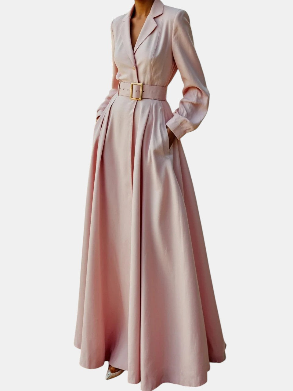 Notch Lapel Long Sleeve Belted Blazer Maxi Dress