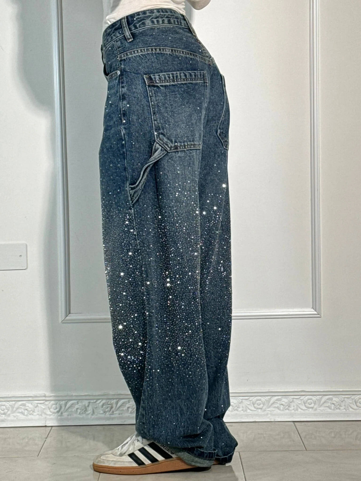 High Waist Rhinestone Embellished Wide Leg Jeans