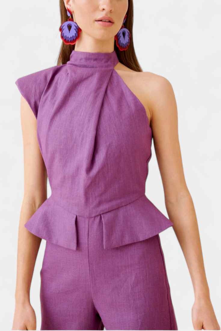 One Shoulder Peplum Waist Straight Leg Jumpsuit