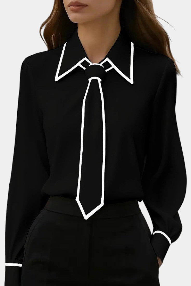 Contrast Trim Knotted Tie Collar Long Sleeve Blouse