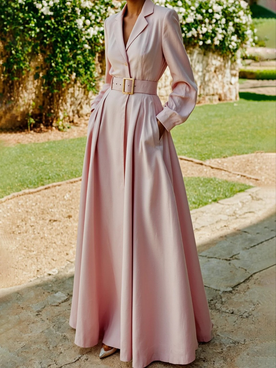 Notch Lapel Long Sleeve Belted Blazer Maxi Dress