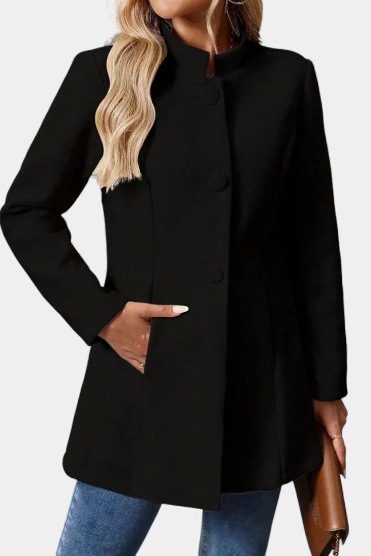 Stand Collar Button Front Long Sleeve Longline Coat