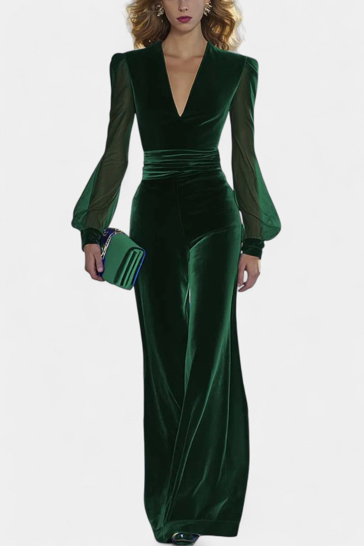 Velvet Deep V-Neck Mesh Sleeve Wide Leg Jumpsuit