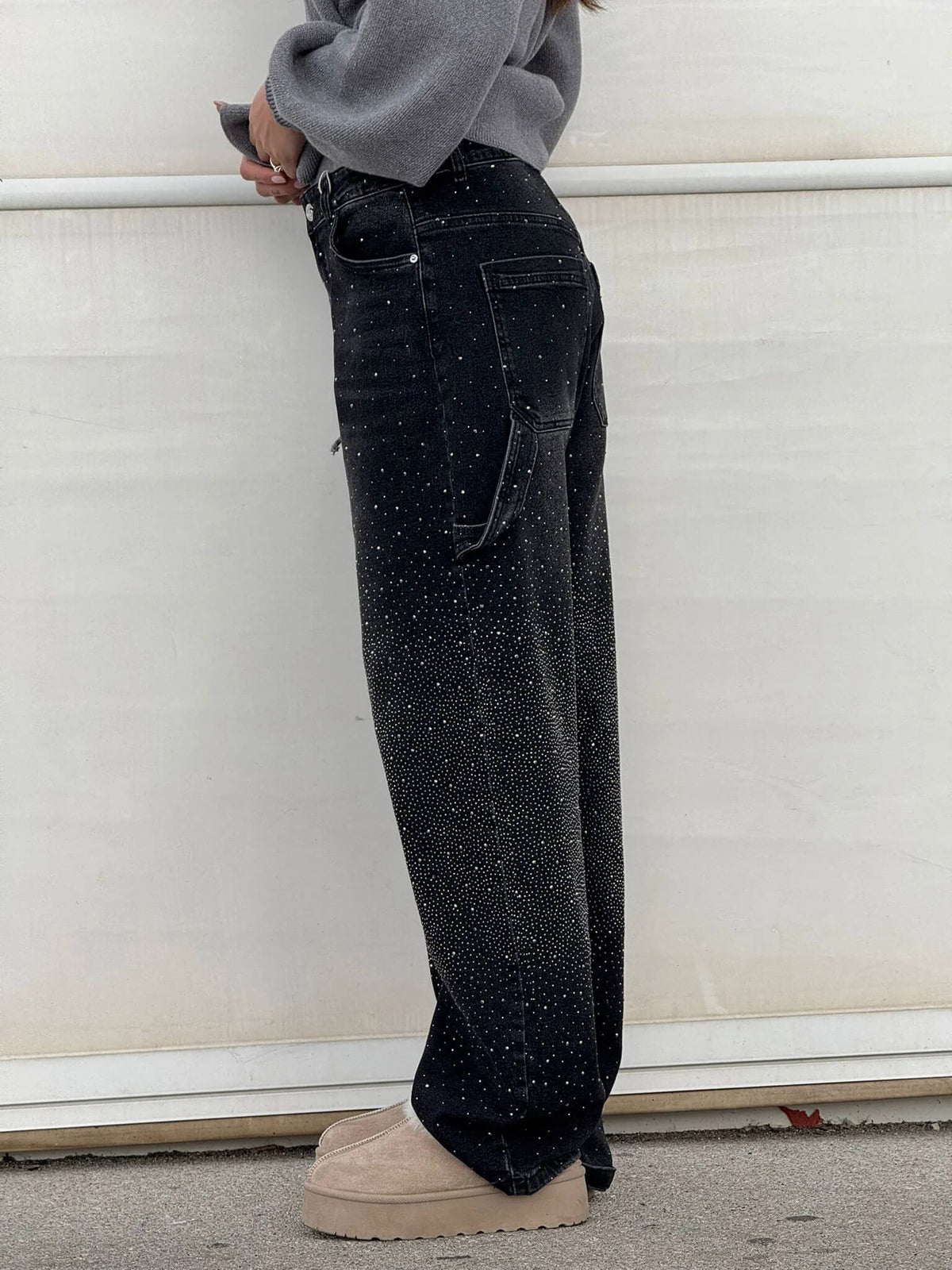 High Waist Rhinestone Embellished Wide Leg Jeans