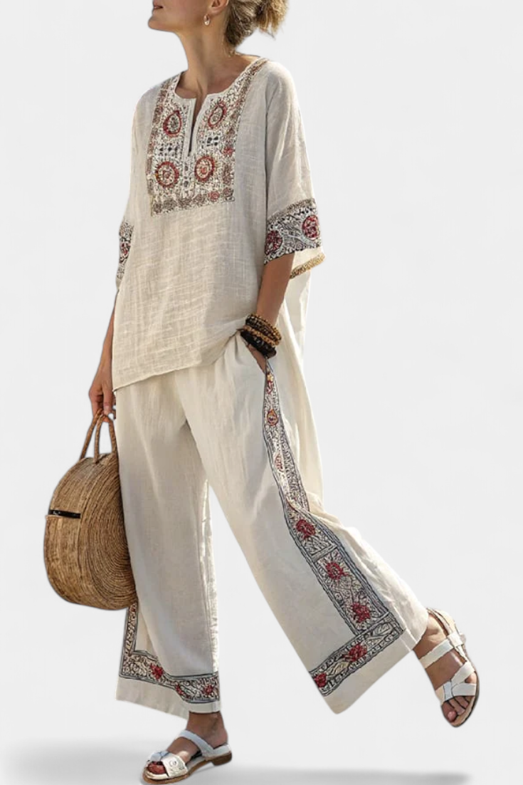 Embroidered Trim V-Neck Tunic Top and Wide Leg Pants Two Piece Set