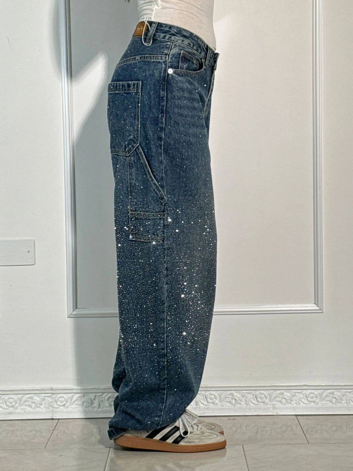 High Waist Rhinestone Embellished Wide Leg Jeans