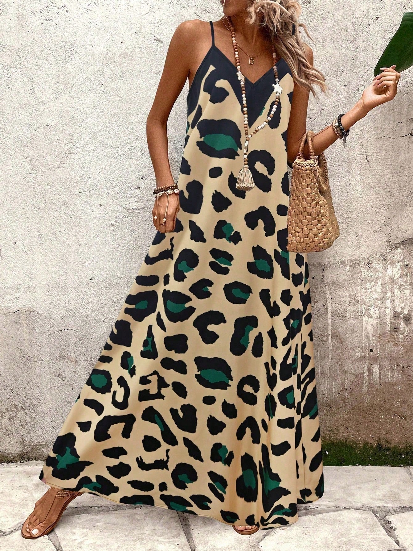 Leopard Print Spaghetti Strap Tiered Maxi Dress 3