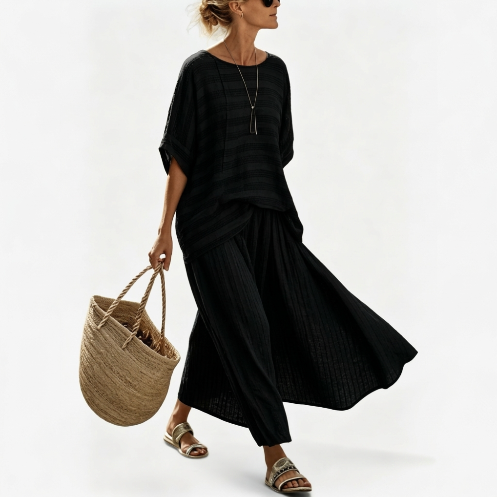 Striped Short Sleeve Top and Wide Leg Pants Two Piece Set