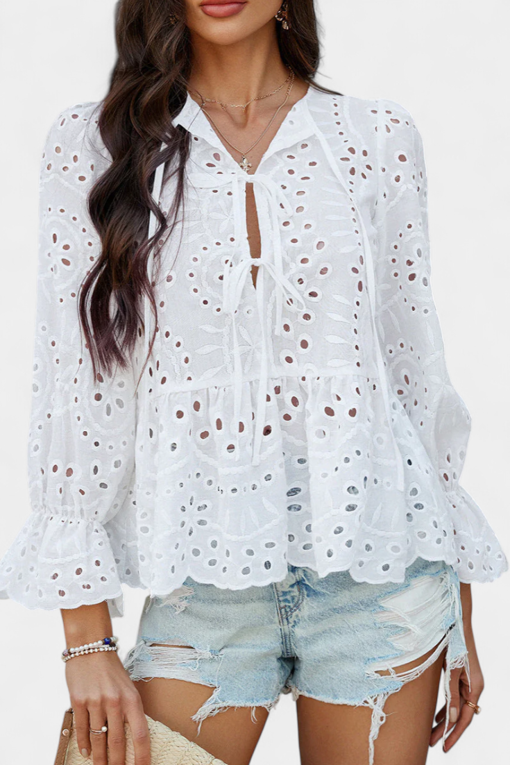 Eyelet Lace Tie Neck Long Sleeve Peplum Blouse