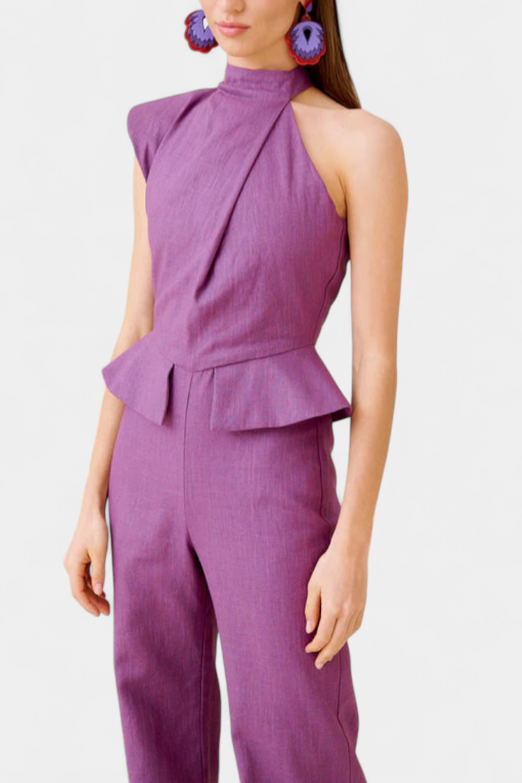 One Shoulder Peplum Waist Straight Leg Jumpsuit