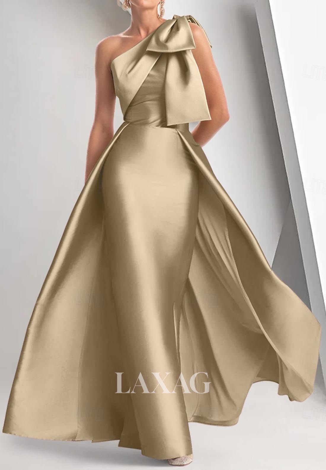 Asymmetrical-Neck Sleeveless Mermaid Evening Dress One-Shoulder Satin Formal Gowns with Bow